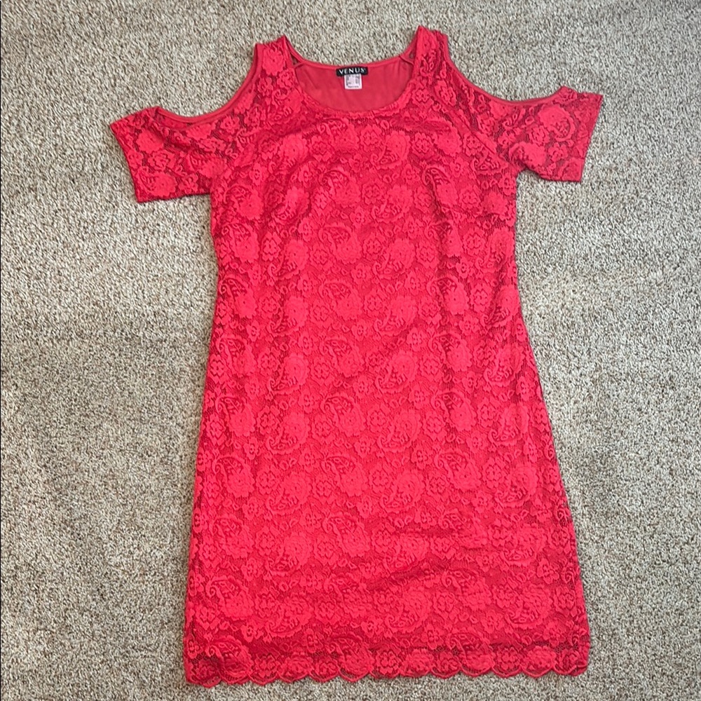 VENUS Red Cold Shoulder Sheath Midi Dress